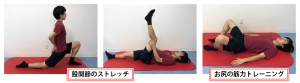 仙腸関節障害のトレーニング写真。股関節のストレッチ、お尻の筋力トレーニング